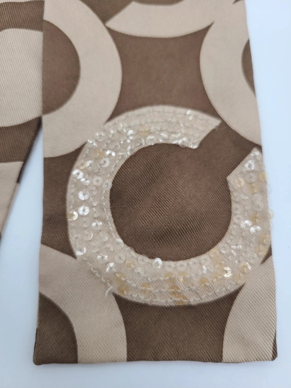 COACH Brown & Tan Signature Sequinef Circle Print Silk Scarf Tie - Picture 2 of 7